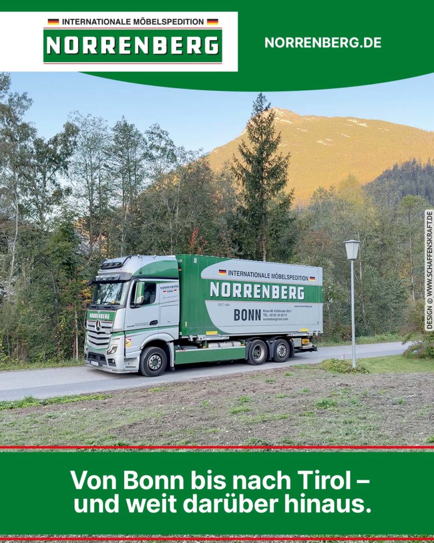 Norrenerg-Möbelspedition fährt vor Tiroler Bergkulisse